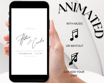 May include: A mobile phone screen displaying a wedding save the date announcement for "Hotena & Carlos" on 14th November at 5 PM in Quebec, Canada. The text "ANIMATED WITH MUSIC OR WITHOUT CAN ADD YOUR OWN" is displayed on the right side of the image.