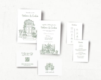 Whimsical Handwritten Wedding Invitation Suite Template Hand Drawn Invite Set with Timeline Custom Wedding Stationery Invitation Greenery