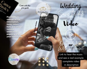 May include: A smartphone screen displaying a wedding save the date video with the text "We're getting married!" in a black and white photo of a couple. The video is on a white background with the text "Wedding Save the Date Video" and "Option with or without music".
