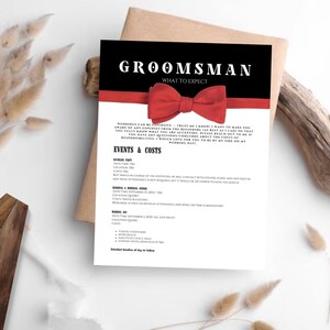 Minimalist Groomsman & Best Man What to Expect Card, Groom Crew Costs, Elegant Bold Black Suit Design Multiple Sizes, Canva Template