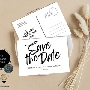 May include: White "Save the Date" card with black calligraphy text, including names and a date. A postcard with address details is visible behind it. The image includes text: "We can't wait to see you!" and "Free Electronic Version".
