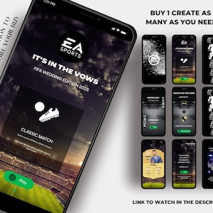 May include: A smartphone displays a soccer-themed app with the text "EA SPORTS IT'S IN THE VOWS FIFA WEDDING EDITION 2025." Additional screens show game interfaces. The image includes the text "BUY 1 CREATE AS MANY AS YOU NEED" and "LINK IN DESCRIPTION TO WATCH BEFORE YOUR BUY."
