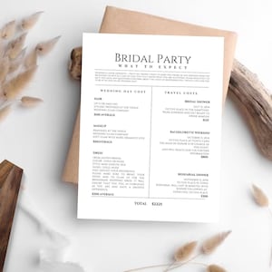 May include: A black and white printable checklist for a bridal party, outlining wedding day costs, travel costs, and events like the bridal shower, hen do, and rehearsal dinner. The checklist includes estimated costs for each event.