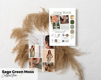 Sage Green Moss Bridesmaid Attire Lookbook Info Card Expect, Wedding Color Palette Scheme Inspiration & Photos, Editable Canva Template