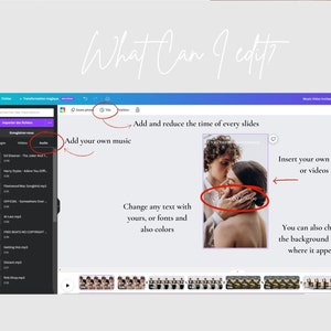 May include: A screenshot of a computer screen showing a video editing software interface. The software allows users to add their own music, photos, and videos to a slideshow. The text "What Can I Edit?" is displayed at the top of the screen.
