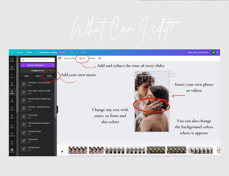 May include: A screenshot of a computer screen showing a video editing software interface. The software allows users to add their own music, photos, and videos to a slideshow. The text "What Can I Edit?" is displayed at the top of the screen.