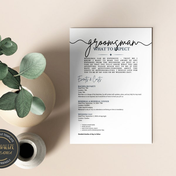 Groomsman Pledge What to Expect Card Responsabilities | Commitment Contract Insert Proposal, Wedding Cost Breakdown, Custom Card Printable