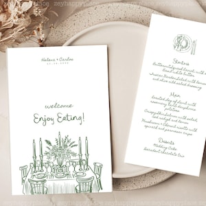 Whimsical Greenery Hand Drawn Wedding Colorful Menu Template, Printable Canva Editable Reception Menu, Coquette Handwritten Font