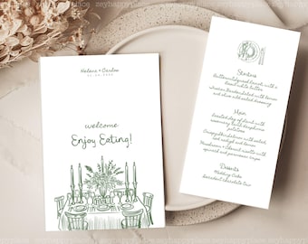 Whimsical Greenery Hand Drawn Wedding Colorful Menu Template, Printable Canva Editable Reception Menu, Coquette Handwritten Font