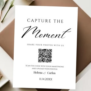 カスタマイズ可能な結婚式の写真共有サイン、瞬間を捉える QR コード、デジタルダウンロード編集可能テンプレート。エレガントでモダンな装飾、DIY ゲストブック