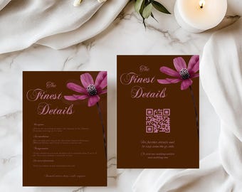 Magenta Field Wedding Details Card, Script Handwritten Monogram Insert Watercolor flower, Custom Canva Stationery Information Card Enclosure