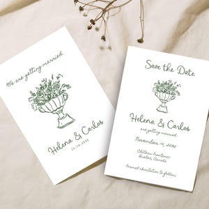 Op de afbeelding: Twee witte huwelijksaankondigingskaarten met groene tekst en illustraties. Eén kaart leest "We gaan trouwen" en de andere zegt "Save the Date". Beide kaarten hebben een bloemenontwerp en de namen "Helena & Carlos".