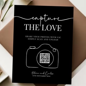 Aanpasbaar bord voor delen van trouwfoto's, QR-code liefde vastleggen, digitale download bewerkbare sjabloon, elegant modern decor, DIY-gastenboek
