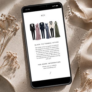 May include: A smartphone displays a webpage with the text "BLACK TIE FORMAL ATTIRE." The page features illustrations of formal wear, including tuxedos and gowns. The phone is set against a neutral background with dried flowers.