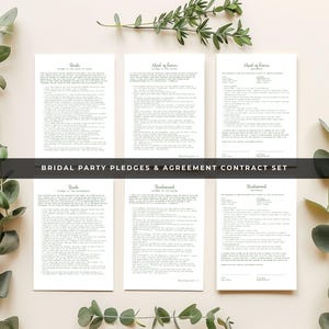 May include: Six white paper documents with green text, arranged on a light beige surface. The documents are labelled "Bride", "Maid of Honour", and "Bridesmaid". The text "Bridal Party Pledges & Agreement Contract Set" is printed in a dark band across the centre.