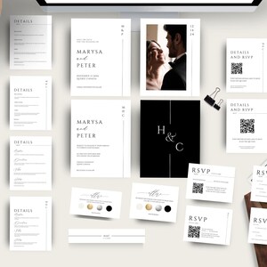 Minimalist wedding invitation set, modern wedding invitation suite template, invite details rsvp card upload QR code editable, Marysa