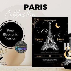 Minimalist Template Wedding Card, Paris Elegant Invitation Design with photo, Modern Digital Formal Invite simple no picture, Canva Download