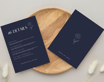 Rose Navy Blue Wedding Details Card Template, Modern Minimalist Insert with Hand-Drawn flower, Custom Stationery Information Card Enclosure