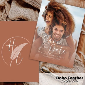 Modelo Boho Feather elegante para salvar a data, design canva personalizável, fonte moderna e intricada de terracota, cartões de anúncio de casamento