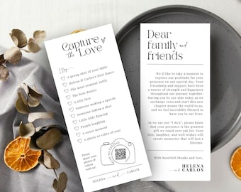 I spy wedding game Capture the love photo scavenger hunt wedding game card, CHECKLIST PDF Download Canva camera QR Code