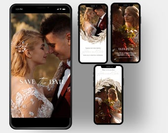 May include: A save the date announcement for a wedding. The announcement features a photo of a couple in a field, with the text "Save the Date" and the date "14.14.2034" in white text.