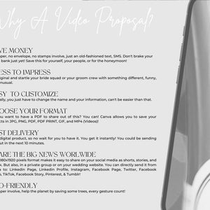 May include: A white and gray graphic with the text "Why A Video Proposal?" and a list of reasons why a video proposal is a good idea. The reasons include: Save Money, Dress to Impress, Easy to Customize, Choose Your Format, Fast Delivery, Share the Big News Worldwide, and Eco-Friendly.