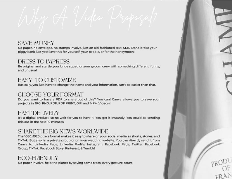 May include: A white and gray graphic with the text "Why A Video Proposal?" and a list of reasons why a video proposal is a good idea. The reasons include: Save Money, Dress to Impress, Easy to Customize, Choose Your Format, Fast Delivery, Share the Big News Worldwide, and Eco-Friendly.