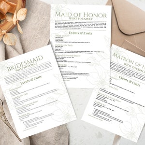 May include: Three printable checklists for a maid of honour, bridesmaid, and matron of honour. Each checklist includes a list of events and costs associated with each role. The checklists are decorated with a floral design.