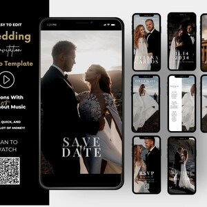 May include: A collection of nine phone screen mockups showcasing different wedding invitation video templates. The templates feature a couple in various poses, with text such as "Save the Date", "RSVP", and "Order of Events".