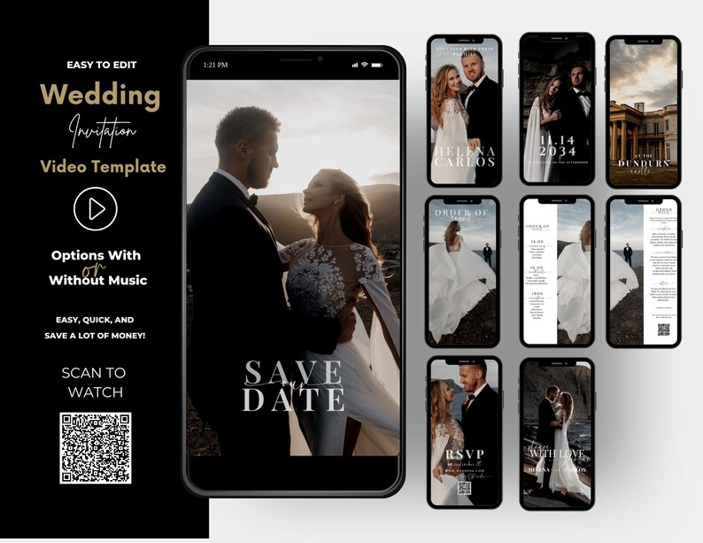 May include: A collection of nine phone screen mockups showcasing different wedding invitation video templates. The templates feature a couple in various poses, with text such as "Save the Date", "RSVP", and "Order of Events".