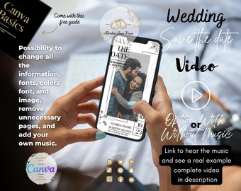 May include: A smartphone displaying a wedding save the date video template with a floral design and the text "Save the Date" in black and white. The video template includes the names "Samira Hadid" and "Harper Husso" and the date "10.23". The text "Wedding Save the Date Video" is displayed in black on a white background. The text "Option With or Without Music" is displayed in black on a white background. The text "Link to hear the music and see a real example complete video in description" is displayed in black on a white background.