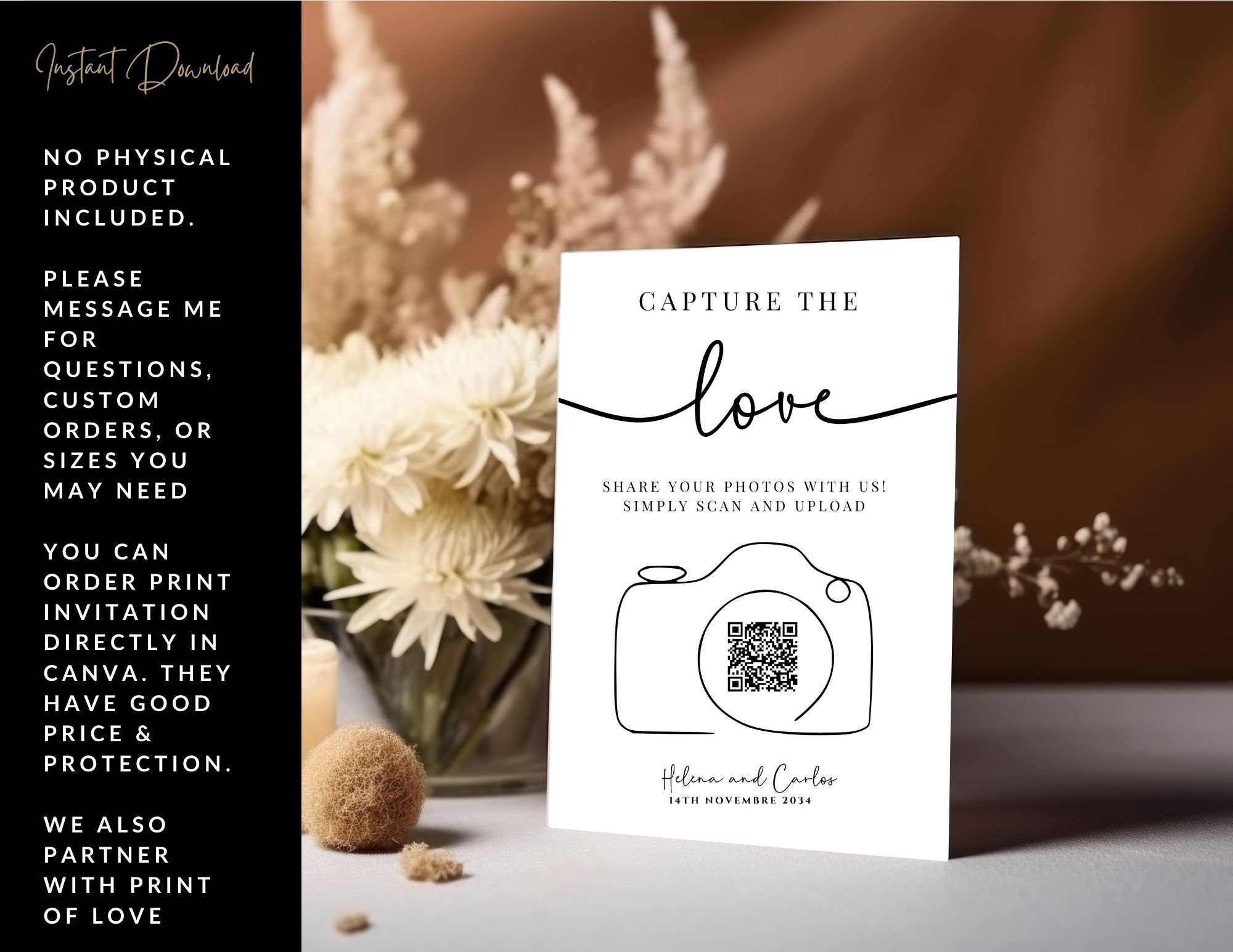 Customizable Wedding Photo Sharing Sign, Capture the Love QR Code ...
