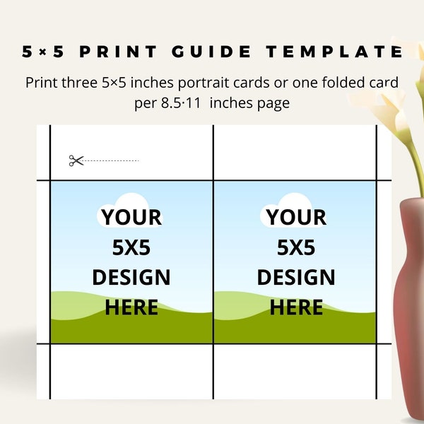 5×5 Square Invitation Card Printing Template, 5×5 Greeting Card Printing Cut Guide, Digital 8.5×11 Template, Cutting Guideline
