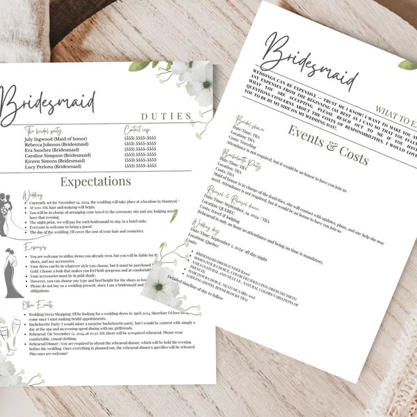 Greenery Bridesmaid MOH Pledge, What to Expect Info Card Insert, Wedding Commitment Contract, Canva Template, Bridal Squad Responsabilities