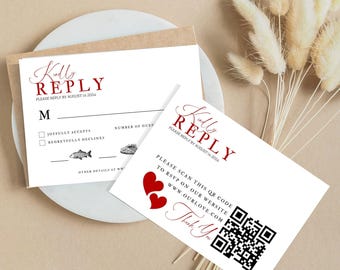 Rsvp QR Code Card, Minimalist Wedding Online Reply Card, Modern Wedding Website Card, Elegant Response Insert, Editable Template, Red Queen
