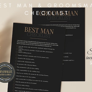 Groomsman Duties Checklist, Best Man Responsabilities, Minimalist Bridal Party Info Card, Canva Editable Digital, Commitment contract