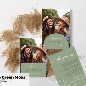 Sage Green Moss Willst du meine Brautjungfer sein Vorschlag-Karte mit Bild | MOH herzlicher Brief & individuelles Foto | Braut bearbeitbares Canva Design