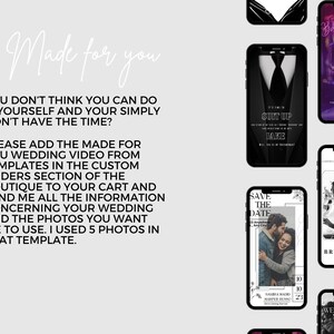 May include: A collage of nine smartphone screens displaying different wedding invitation templates. The templates feature various designs and colors, including black and white, pink and white, and purple. The text on the screens includes "Save the Date", "Bridemaid?", "Bachelorette Party", and "Sit Up Jake".