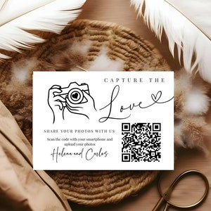 Tarjeta minimalista para compartir fotos de boda: código QR editable, decoración de boda DIY y libro de visitas, plantilla personalizable de Canva.
