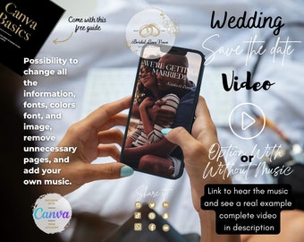 Guarde la fecha invitación de boda electrónica digital, mensaje de texto de vídeo animado personalizado y música, plantilla EditableCanva