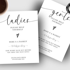 Wedding bathroom sign template, wedding ladies and gents basket sign, modern bathroom wedding sign, Canva editable download