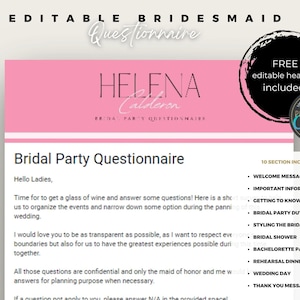 Puede incluir: Plantilla de cuestionario de dama de honor editable en rosa y blanco. La plantilla incluye secciones para un mensaje de bienvenida, información importante, deberes de la dama de honor y más. La plantilla es compatible con dispositivos móviles e incluye encabezados editables gratuitos.