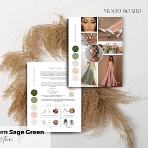 Carte d'informations sur l'humeur moderne vert sauge tenue de demoiselle d'honneur, modèle de palette de couleurs de mariage, modèle de toile modifiable, MSGC
