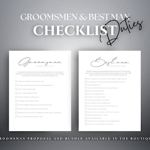 Może przedstawiać: Dwie białe listy kontrolne z elegancką kaligrafią. Górny tekst brzmi "Groomsmen & Best Man Checklist Duties". Jedna lista kontrolna nosi tytuł "Groomsman Checklist", a druga "Best Man Checklist". Dolny tekst brzmi "Groomsman Proposal and Bundle Available in the Boutique."
