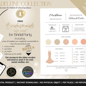 Op de afbeelding: Een afdrukbare informatiekaartensjabloon voor bruidsmeisjes met de titel "Madeleine Bridesmaid" en de tekst "Het huwelijk van Helena & Carlos". De kaart bevat secties voor de locatie, datum, taken, kleuren, jurk en feest. De kaart is aanpasbaar in Canva en bevat vier formaten: 4,25 x 5,5 inch, 4 x 6 inch, 4 x 7 inch en 1080 x 1920 pixels voor mobiel.