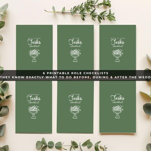 Può includere: Sei liste di controllo dei ruoli stampabili verdi con testo bianco e illustrazioni floreali. Il testo recita "Tasks checklist" e "6 liste di controllo dei ruoli stampabili in modo che sappiano esattamente cosa fare prima, durante e dopo il matrimonio."