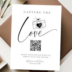 Letrero personalizable para compartir fotos de boda, código QR "Captura el Amor", plantilla editable de descarga digital, decoración moderna y elegante, libro de visitas DIY.