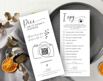 I spy wedding game Capture the Love photo scavenger hunt wedding game card, Pics Or It Didn't Happen Canva camera QR Code