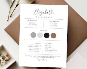 Bridesmaid Info Card Template, Bridal Party Information Card, Modern Minimalist Bridesmaid Infographic, Bridesmaids Proposal, Maid of Honor
