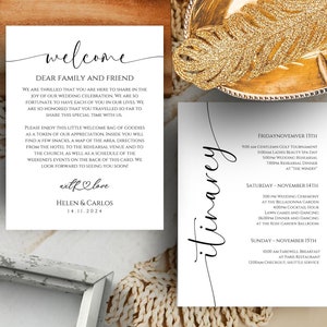 Carta de bienvenida y tarjeta de cronograma, Orden minimalista de eventos de boda, Tarjeta de itinerario, Editar con Canva WL Keepsake para invitados